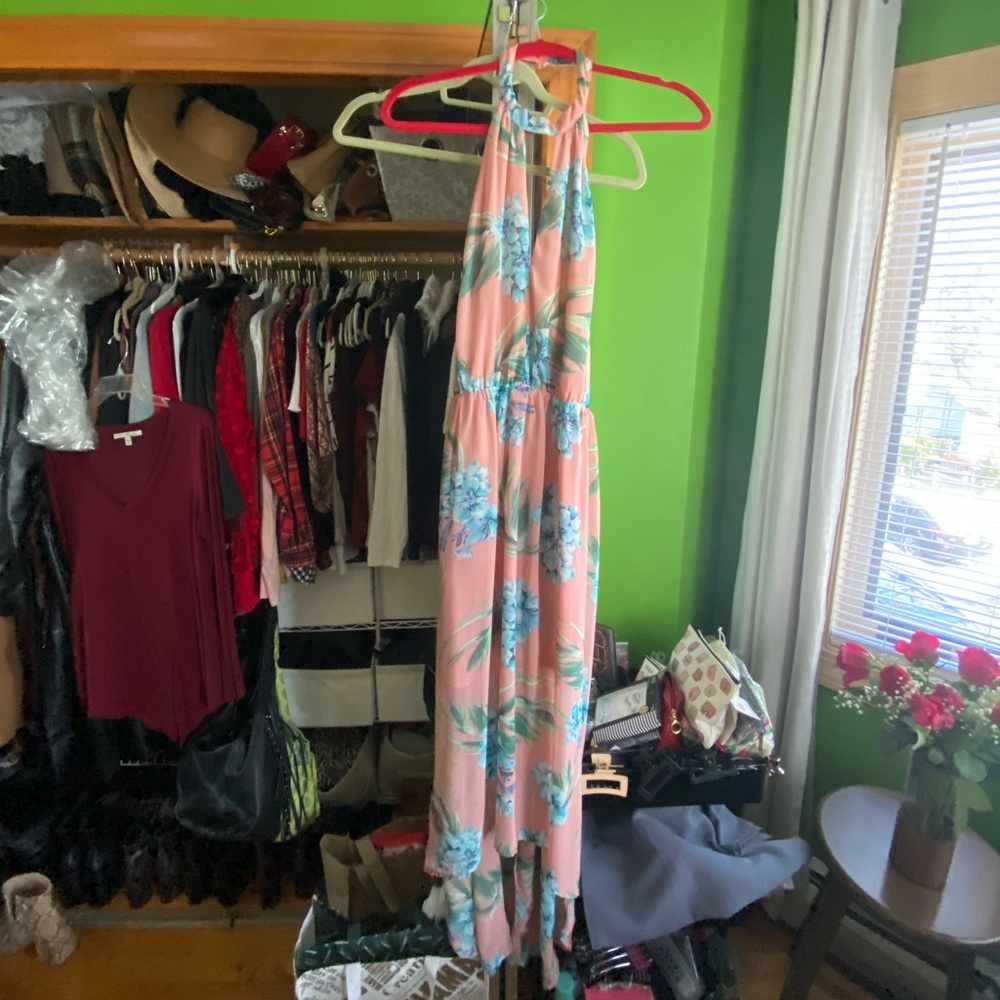 Floral Halter Maxi Dress, hi-low backless size small pink